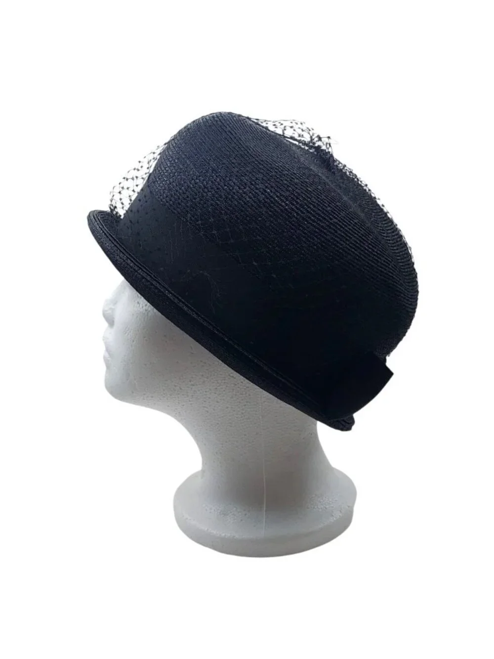 Black Cloche Hat Raffia Straw W/ Birdcage Netting & Bow Evelyn Varon Exclusive